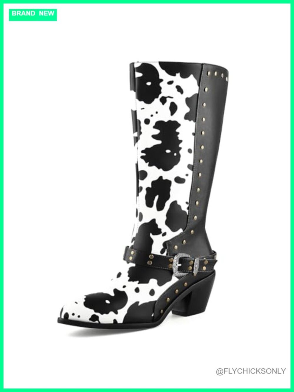 Faux Leather Cow Print Mid Calf Biker Boots Studded Buckle Chunky Heel